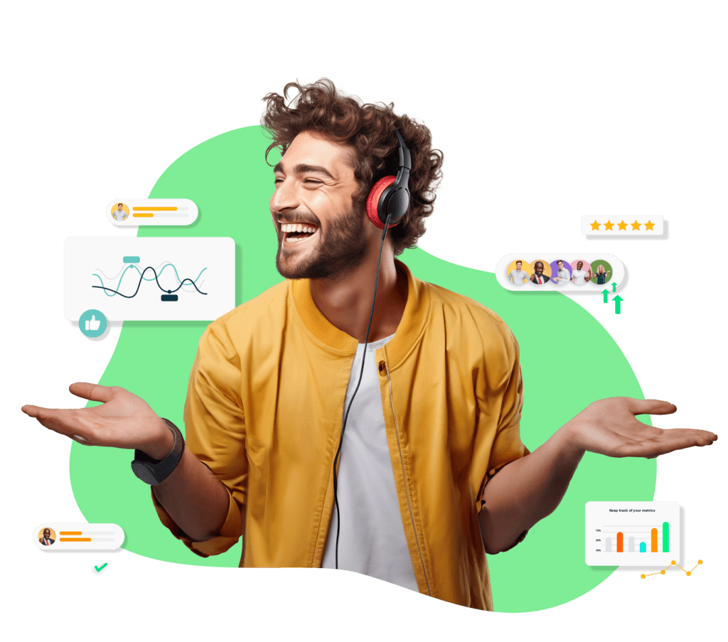 BL-23047_Home page hero image_1A_2 Smiling woman holding a tablet, surrounded by digital graphs and user ratings, symbolizing data analysis and customer feedback.