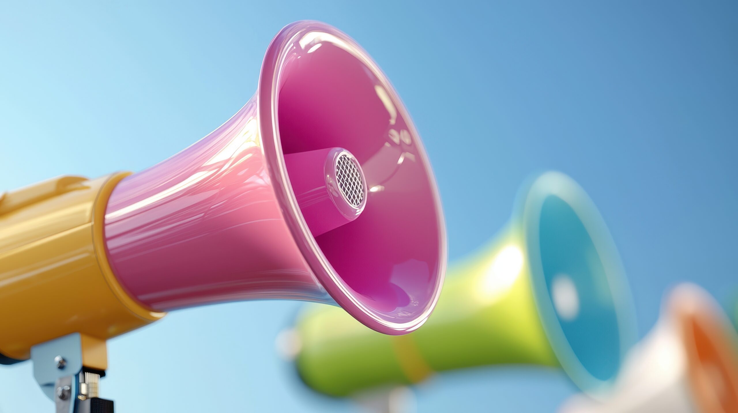 Colorful megaphones stand against a blue sky, showcasing vibrant hues and playful design, perfect for gatherings or events.