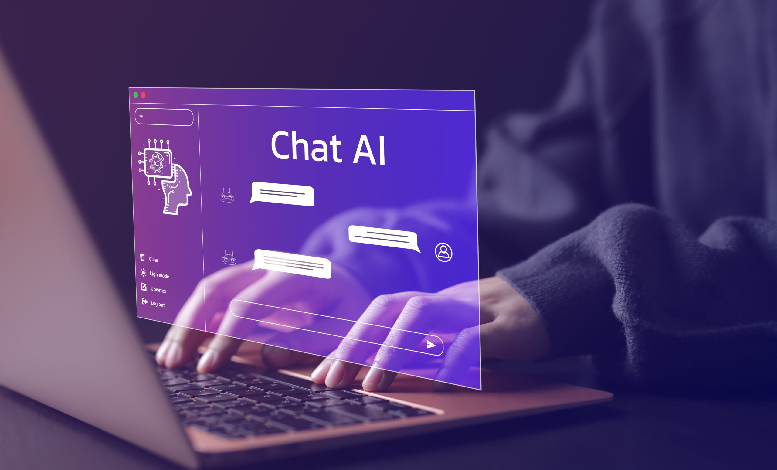 Chat Bot Chat with AI or Artificial Intelligence technology. Woman using a laptop computer chatting with an intelligent artificial intelligence asks for the answers he wants.