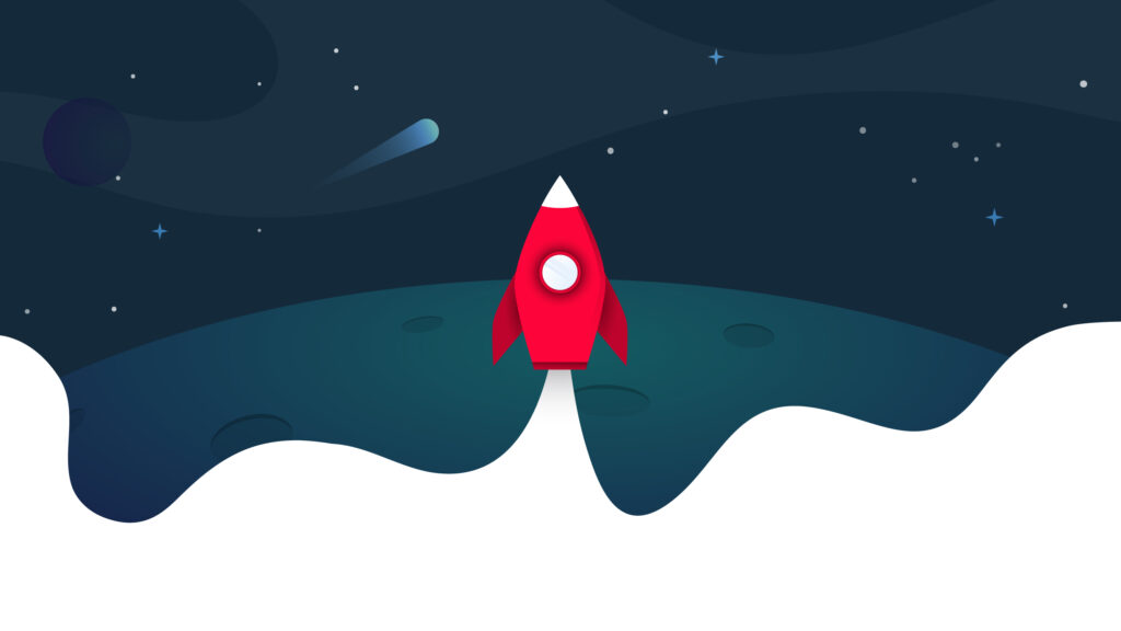 Red cartoon rocket perched on a curved greenish planet surface, blasting off into a dark starry sky with white waves at the bottom.