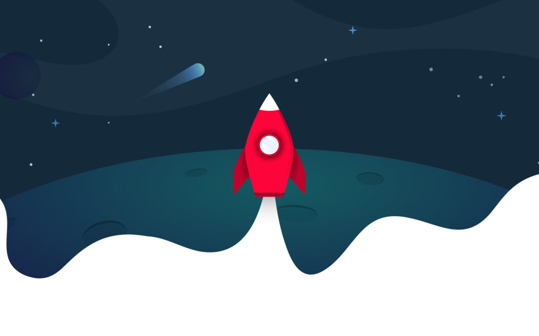 Red cartoon rocket perched on a curved greenish planet surface, blasting off into a dark starry sky with white waves at the bottom.