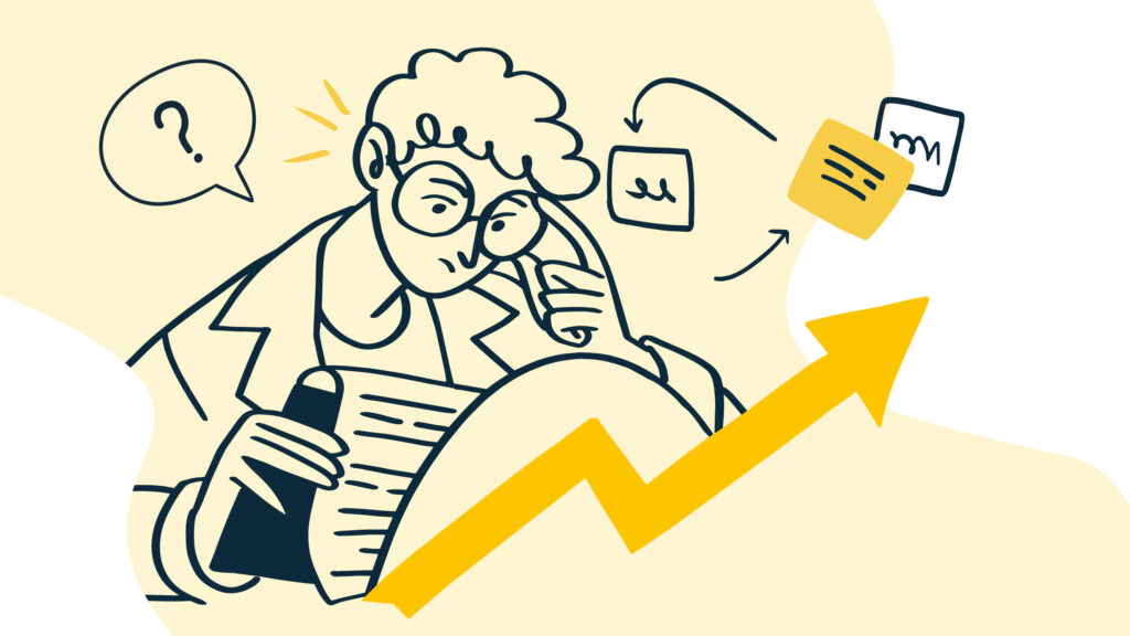 Cartoon of a person with glasses reading a paper while a yellow upward-arrow chart rises beside them, with a question bubble above.