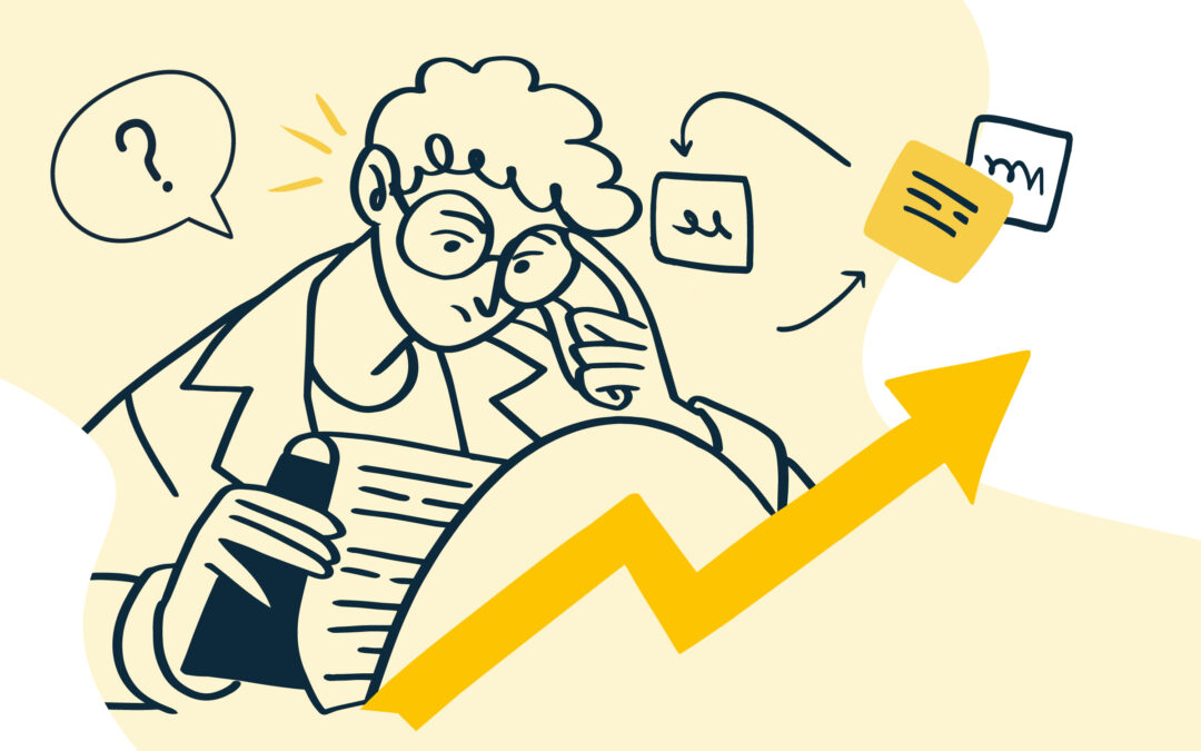 Cartoon of a person with glasses reading a paper while a yellow upward-arrow chart rises beside them, with a question bubble above.