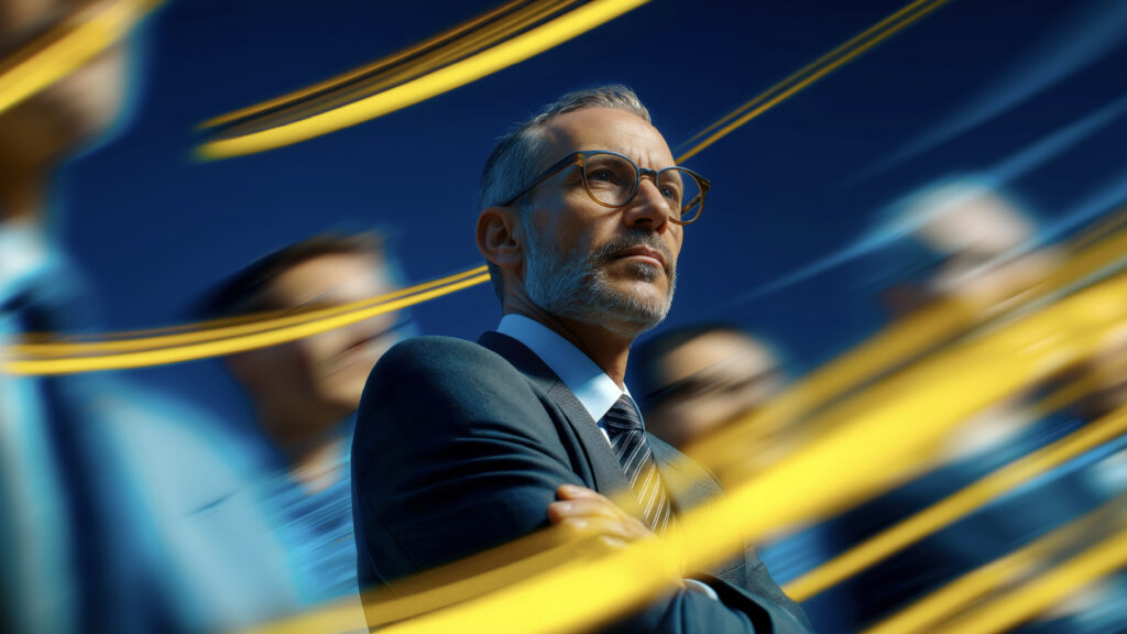 Businessman wearing glasses and a suit looking upward, with yellow motion blur streaks in the foreground against a blue background