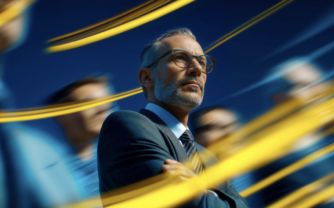 Businessman wearing glasses and a suit looking upward, with yellow motion blur streaks in the foreground against a blue background